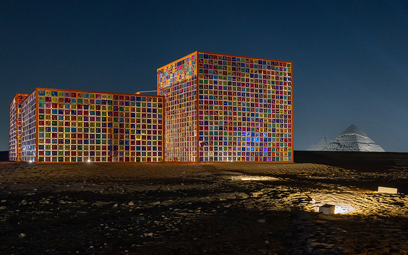 A nighttime photo of the Four Temples.